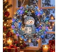 Kit de corona de pintura de diamantes de Navidad, con cadena de luces LED | Guirnalda de Navidad colgante de 9.84 pulgadas, colgante de diamante de perlas con kit de arte de luz para adultos, puerta
