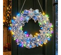 Kit de corona de pintura de diamantes de Navidad, con cadena de luces LED | Guirnalda de Navidad colgante de 9.84 pulgadas, colgante de diamante de perlas con kit de arte de luz para adultos, puerta