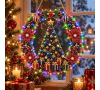 Kit de corona de pintura de diamantes de Navidad, con cadena de luces LED | Guirnalda de Navidad colgante de 9.84 pulgadas, colgante de diamante de perlas con kit de arte de luz para adultos, puerta