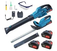 Kit de cortasetos y soplador de hojas inalámbrico AIORBER, con 3 baterías de 21V 2000mAh, motor de 650W, 6 velocidades, conjunto de herramientas para jardín, color azul