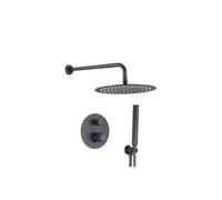 Kit de ducha empotrada redonda con botón monomando y alcachofa de mano en negro mate Andarax de Valaz - 25 cm