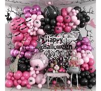 Kit de guirnalda de arco de globos de Halloween, globos de Halloween de bruja negra y rosa con decoración de araña y murciélago, globo espeluznante gótico fucsia pastel metálico para fiesta de
