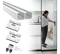 Kit de herrajes para puerta corredera de 12 pies para puertas de granero dobles, sistema de riel doble de aluminio para puertas de armario y de partición, fácil inserción y diseño Slish
