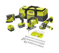 Pack de 4 herramientas, taladro percutor + amoladora + sierra de calar + lijadora + accesorios 18V ONE+™ (1x 5.0Ah y 1x 2.0Ah)
