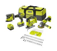 Kit de herramientas a batería Ryobi | Taladro, Amoladora, Sierra de Calar y Lijadora Triangular + Kit 55 Piezas