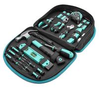 Kit de herramientas Amazon Basics con estuche redondo fácil de transportar, 104 piezas, color turquesa, 36,5 x 29 x 7,6 cm