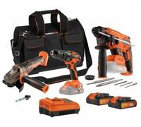 Kit de herramientas de 3 piezas: sistema de doble potencia – 20 V – Atornillador-taladro + amoladora angular + taladro percutor – 2 baterías y cargador – funda de transporte