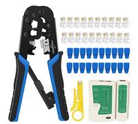 Kit de herramientas de crimpado RJ45, juego de crimpado Ethernet, RJ-11, 6P/RJ-12, 8P/RJ-45, crimpado, corte y tira con 20 conectores CAT5 CAT5e, cubiertas, 1 probador de cable de red, 1 pelacables