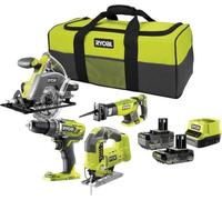 Kit de herramientas eléctricas a batería Ryobi ONE+ de 4 piezas, que incluye: taladro/atornillador a batería, sierra de calar, sierra circular, sierra sable, 2 baterías de 4.0Ah y 2.0Ah, cargador y es