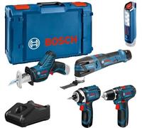 Kit de herramientas inalámbricas Bosch Professional de 12V, que incluye: GSR 12V-15, GOP 12V-28, GDR 12V-105, GSA 12V-14, GLI 12V-300, 3 baterías de 2,0 Ah, cargador y maletín XL