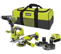 Kit de herramientas inalámbricas RYOBI, que incluye: taladro atornillador R18DD3, amoladora angular de 115 mm, sierra de calar, 2 baterías de 4 Ah y 2 Ah, cargador y estuche