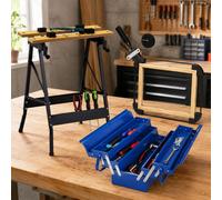 Kit de herramientas para bricolaje (de 3 piezas) – incluye una bolsa para herramientas con 5 compartimentos, un tensador de cintas y una mesa de sujeción portátil