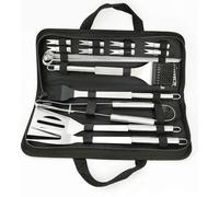 Kit de herramientas para parrilla de acero inoxidable (20 piezas) + bolsa de transporte: pinzas para limpiar la parrilla, espátula para parrilla, cepillo para limpiar la parrilla, tenedor para carne. 