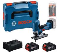 Kit de herramientas profesional Bosch: Sierra de calar inalámbrica GST 18V-125 S + 2 baterías GBA de 5 Ah + cargador GAL + juego de hojas de sierra de calar, todo en un maletín L-BOXX