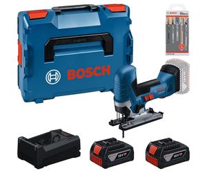 Kit de herramientas profesional Bosch: Sierra de calar inalámbrica GST 18V-125 S + 2 baterías GBA de 5 Ah + cargador GAL + juego de hojas de sierra de calar, todo en un maletín L-BOXX