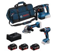 Kit de herramientas profesionales Bosch de 18V, que incluye: taladro atornillador GSB 18V-65, amoladora GWS 18V-11 y esmeriladora GSB 18V-22, junto con 3 baterías de 5,0Ah (GBA) y un cargador (GAL)