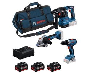 Kit de herramientas profesionales Bosch de 18V, que incluye: taladro atornillador GSB 18V-65, amoladora GWS 18V-11 y esmeriladora GSB 18V-22, junto con 3 baterías de 5,0Ah (GBA) y un cargador (GAL)