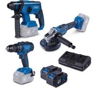 Kit de herramientas, SCHEPPACH, de 3 piezas, con 2 baterías de 4Ah, sistema de baterías IXES de 20V, taladro atornillador, amoladora angular y taladro percutor