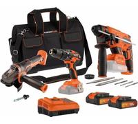 Kit de herramientas: Taladro atornillador inalámbrico, esmeriladora angular, martillo perforador, sistema de doble batería de 20 V, 2 baterías, cargador, estuche