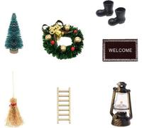 Kit de inicio de accesorios para la puerta de los duendes Unyqoos®: juego de mini decoración de 8 piezas que incluye botas, farol, árbol de Navidad, corona, escalera de madera, escoba, bastón de caram