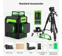 Kit de láser de línea cruzada de 12 líneas - Autonivelación 3D - Láseres verdes - Con receptor y trípode - Horizontal y vertical