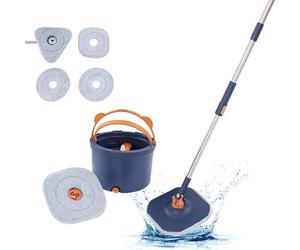 Kit de limpieza con mopa y cubo 2 en 1, sistema de filtrado, cubo para fregona con función de escurrido, mango telescópico, 5 cabezales de microfibra, fregona de 132 cm para todo tipo de suelos (azul