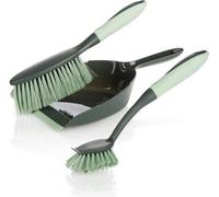 Kit de limpieza Unyqoos® de 3 piezas: escoba de mano, recogedor y cepillo de plástico, color gris/verde claro. Dimensiones: escoba 30 x 5,5 x 8 cm, recogedor 33 x 22 x 5,5 cm, cepillo 14 x 12 x 6 cm