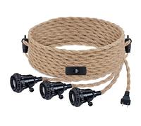 Kit de Luz Colgante Vintage Con Cable de Cáñamo Trenzado - 3 Enchufes, Enchufable, Interruptor de Encendido/Apagado, 15 Pies/4,5 m