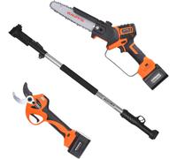 Kit de Poda a Batería 21V ANOVA con Tijera de Corte 40 mm, Motosierra de 8", Pértiga Extensible 1,5-2,1 m, 2 Baterías 4Ah y Cargador Doble | Ideal para Árboles, Frutales, Viñas y Jardín