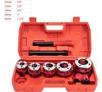 Kit de roscado para tuberías manual - Roscadora de tipo palanca - Juego de 5 cabezales para roscado BSPT - Tamaños de 0,95 a 3,2 cm - Acero al carbono de alta calidad - Incluye estuche - Color rojo