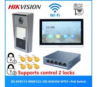 KIT de videoportero POE multilingüe Original HIKVISION, incluye DS-KV8113-WME1(C) y DS-KH6350-WTE1 y conmutador PoE 4btn Flush 3 Screen
