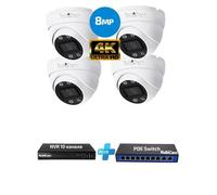 Kit de videovigilancia PoE, con 4 cámaras tipo domo, resolución de 8 megapíxeles y calidad de imagen 4K, grabador NVR y switch PoE