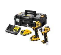 Kit dewalt dck2062d2t-qw. taladro percutor + atornillador impacto + 2 baterías 2.0 ah + maletín - compatible con 18v xr y motor brushless