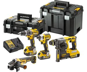 Kit dewalt dck422p3t-qw. taladro percutor + atornillador impacto + amoladora + martillo + 3 baterías + maletines - compatible con 18v xr y motor brushless