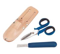 Alyco - Set de Tijeras para Electricista (145 mm) en Acero Inoxidable y Cuchillo Pelacables, Herramientas Profesionales para Cortes de Precisión, Incluye Estuche de Cuero
