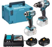 Kit especial de taladro atornillador inalámbrico Makita DLX2528TJ, que incluye el modelo DHP489Z y el modelo DTD173Z, ambos de 18V y tecnología Li-Ion LXT