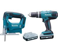Kit especial Makita que incluye un taladro/atornillador de impacto HP457DZ de 18 V y una sierra de calar JV183DZ, junto con 2 baterías de 1,3 Ah