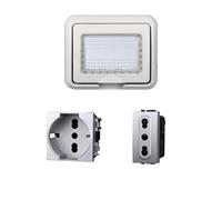 Kit placa caja 503 premontada IP55, 3 módulos toma Schuko + toma bipaso 10/16 A, compatible con Bticino Living, color gris, placa estanca Idrobox empotrable de exterior