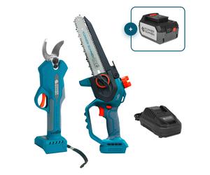 Kit promocional para la poda KS MCS-CSP-SET Könner & Söhnen - Tijera de podar a batería KS CPS20V-32 + Mini sierra inalámbrica KS MCS20V-8 + KS C45A Cargador + Batería KS 20V4-1 de regalo