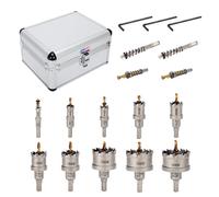 Kit sierra TCT CENYB (10 piezas, 16-54mm) para metales duros: 2 brocas de titanio, 1 piloto escalonado y 2 llaves hexagonales. Ideal para acero inoxidable, hierro, aluminio, aleaciones y otros metales