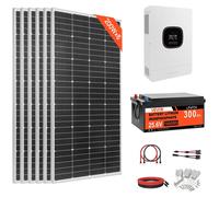 Kit solar completo VEVOR de 1200W y 24V, que incluye: 6 paneles solares monocristalinos de 200W cada uno, una batería LiFePO₄ de 25,6V y 300Ah, y un inversor híbrido de 24V y 3600W. Kit solar de alto