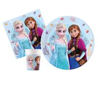 Kit Vajilla de Fiesta Disney Frozen Idyllic Wonder para 8 personas (36 pcs: 8 platos Ø23cm, 8 vasos 200ml, 20 servilletas 33x33cm) de papel FSC compostable eco-friendly