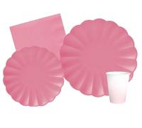 Kit Vajilla de Fiesta Flower Shape para 24 personas (112 pcs: 24 platos Ø23cm, 24 platos Ø18cm, 24 vasos 250ml, 40 servilletas 33x33cm) de papel compostable eco-friendly, rosa antiguo