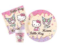 Kit Vajilla de Fiesta Hello Kitty & Kuromi para 8 personas (36 pcs: 8 platos Ø23cm, 8 vasos 200ml, 20 servilletas 33x33cm) de papel FSC compostable eco-friendly