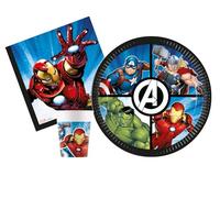 Kit Vajilla de Fiesta Marvel Avengers Evergreen para 24 personas (88 pcs: 24 platos Ø23cm, 24 vasos 200ml, 40 servilletas 33x33cm) de papel FSC compostable eco-friendly