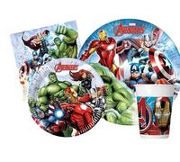 Kit Vajilla de Fiesta Marvel Avengers Infinity Stones para 24 personas (112 pcs: 24 platos Ø23cm, 24 platos Ø20cm, 24 vasos 200ml, 40 servilletas 33x33cm)