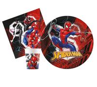 Kit Vajilla de Fiesta Marvel Spider-Man World of Webs para 24 personas (88 pcs: 24 platos Ø23cm, 24 vasos 200ml, 40 servilletas 33x33cm) de papel FSC compostable eco-friendly