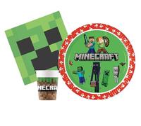 Kit Vajilla de Fiesta Minecraft para 24 personas (88 pcs: 24 platos Ø23cm, 24 vasos 200ml, 40 servilletas 33x33cm) de papel FSC compostable eco-friendly