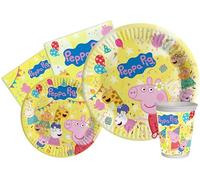 Kit Vajilla de Fiesta Peppa Pig Peppa's Birthday para 24 personas (112 pcs: 24 platos Ø23cm, 24 platos Ø18cm, 24 vasos 250ml, 40 servilletas 33x33cm) de papel compostable eco-friendly