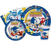 Kit Vajilla de Fiesta Sonic the Hedgehog para 24 personas (112 pcs: 24 platos Ø23cm, 24 platos Ø18cm, 24 vasos 250ml, 40 servilletas 33x33cm) de papel compostable eco-friendly